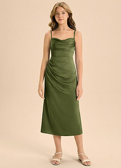 Azazie Mai Junior Osłona Pofałdowany Satyna elastyczna Długość herbaty Młodsza druhna Sukienka image3