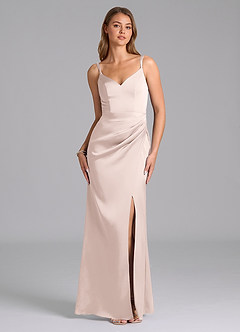 Azazie Leo Final Sale Blushing Pink Sheath Pleated Stretch Satin Dress image1