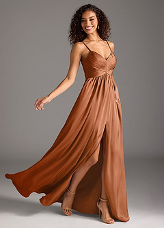 Azazie Alia Bridesmaid Dresses Copper A-Line Pleated Stretch Satin Dress image2