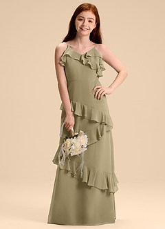 Azazie Evara Junior Robe Trapèze en Mousseline de soie Vert Mousse image4