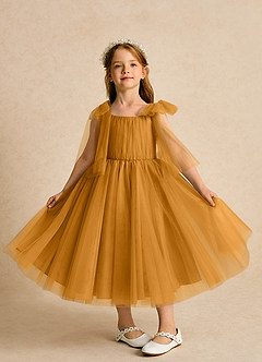 Azazie Dori Robe Demoiselle D'honneur Fillette Robe Trapèze en Tulle Rayé Caramel écossais image6