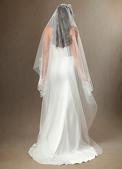 front Embroidered Floral Lace Hem Chapel Length Draped Blusher Veil
