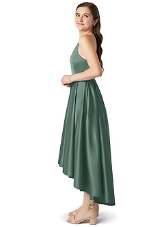 Azazie Jemima Junior Eucalyptus A-Line with Pockets Stretch Satin Dress image3