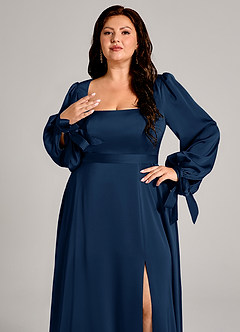 Azazie Leonia Bridesmaid Dresses Dark Navy A-Line Long Sleeve Stretch Satin Dress image9