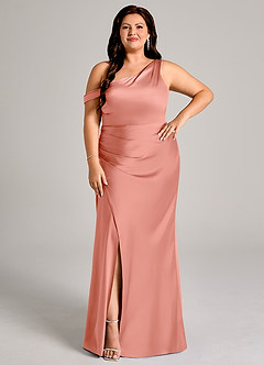 Azazie Madelyn Bridesmaid Dresses Coral Mermaid One Shoulder Stretch Satin Convertible Dress image10
