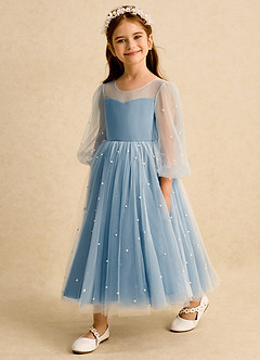 Azazie Trudy Flower Girl Dresses Steel Blue Ball-Gown Sweetheart Neckline Tulle Dress image4