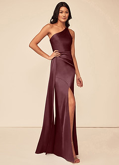 Azazie Maron Bridesmaid Dresses Sangria A-Line One Shoulder Stretch Satin Dress image3