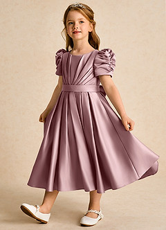 Azazie Miriam Flower Girl Dresses Dusty Rose Ball-Gown Pleated Matte Satin Dress image3