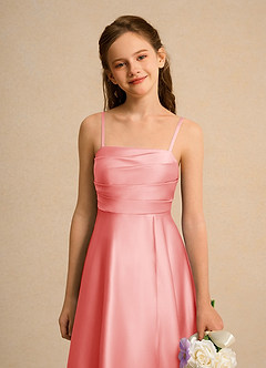 Azazie Pebbles Junior Formal Flower Girl Dresses Coral A-Line Pleated Matte Satin Dress image3