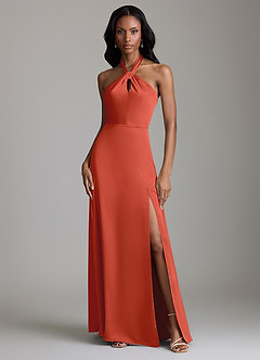 Azazie Tracie Bridesmaid Dresses Rust A-Line Side Slit Stretch Satin Dress image1