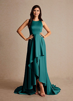 Azazie Niles Mother of the Bride Dresses Peacock A-Line Trains Stretch Satin Dress image5