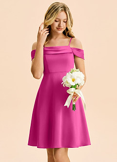 Azazie Anselie Junior Fuchsia A-Line Off the Shoulder Stretch Satin Dress image4