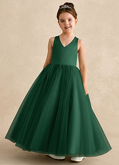 Azazie Peanut Flower Girl Dresses Dark Green A-Line Strap Tulle Dress image4