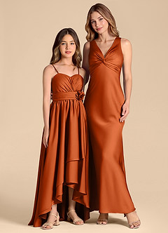 Azazie Catalina Junior Abito A-Line in Raso Elasticizzato Scollo a Cuore Arancia Bruciata image3