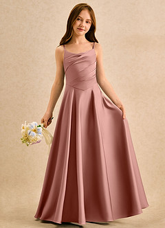 Azazie Coconut Girls Formal Blumenmädchenkleider A-Linie Plissee Stretch-Satin Kleid Rosettenrosa image3