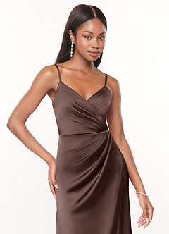 Azazie Maci Bridesmaid Dresses Ganache A-Line V-Neck Pleated Stretch Satin Dress image5