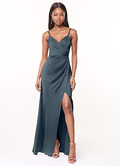Azazie Maci Vestidos de damas de honor Vestido de Crepúsculo de Satén Elástico de Corte en A con Cuello en V plisado image1