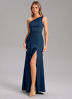 Azazie Feby Jurken voor bruidsmeisjes Jurk van Stretch Satijn met A-Lijn One-Shoulder Donkere Marine image6