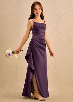 Azazie Cannoli Girls Formal Robe Demoiselle D'honneur Fillette Robe Trapèze en Satin extensible Plissée Prune image1