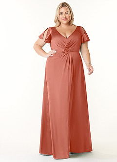 Azazie Soren Bridesmaid Dresses Salmon Pink A-Line Pleated Stretch Satin Dress image8