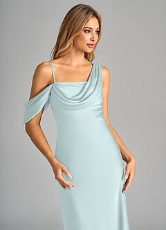 Azazie Celina Bridesmaid Dresses Sea Glass Sheath Off the Shoulder Stretch Satin Dress image7