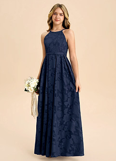 Azazie Arianthe Junior Dark Navy A-Line Pleated Floral Burnout Dress image6