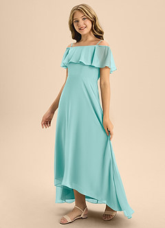 Azazie Maggie Junior Aqua A-Line Off the Shoulder Chiffon Dress image4