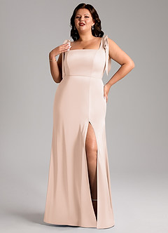 Azazie Frostine Bridesmaid Dresses Blushing Pink A-Line Bow Stretch Satin Dress image9