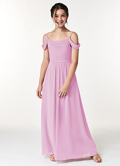 Azazie Alivia Junior Candy Pink A-Line Off the Shoulder Chiffon Dress image5