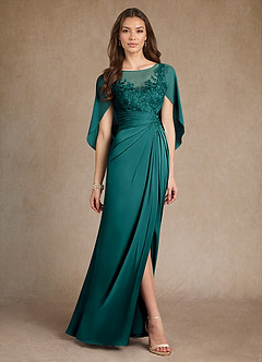 Azazie Hera Mother of the Bride Dresses Peacock A-Line Lace Stretch Satin Dress image4