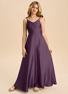 Azazie Bug Junior Plum A-Line Pleated Stretch Satin Dress image5