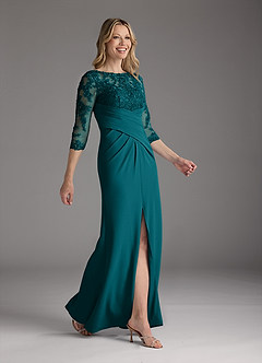 Azazie Margene Venta Final Vestido de Dusty Blue de Crepé elástico de Recto con Encaje image2