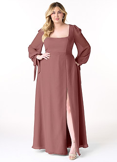Azazie Leonia Robes de demoiselle d'honneur Robe Trapèze en Mousseline de soie Manche longue Rose Du Désert image11
