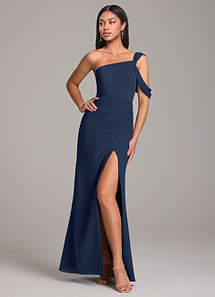Azazie Wynter Bridesmaid Dresses Dark Navy Sheath Off the Shoulder Chiffon Dress image4