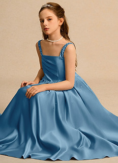 Azazie Mochi Girl vestidos de niña de las flores Vestido de Azul Acero de Satin Mate de Princesa con Plisado image3