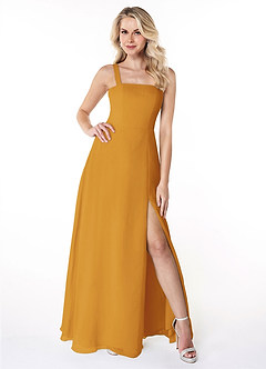 Azazie Jay Bridesmaid Dresses Butterscotch A-Line Square Neckline Side Slit Chiffon Dress image1