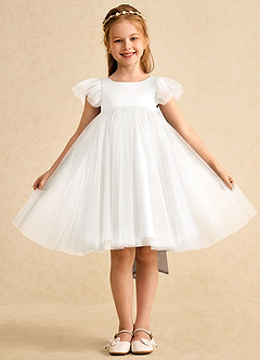 Azazie Munchkin Flower Girl Dresses Ivory Ganache A-Line Bow Tulle Dress image2