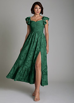 Azazie Anaya Bridesmaid Dresses Dark Green A-Line Ruched Floral Burnout Dress image1