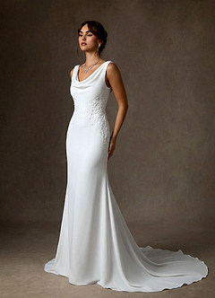 Azazie Maxine Wedding Dresses Diamond White Sheath Crepe Back Satin Dress image1