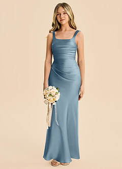 Azazie Lula Junior Dusty Blue Sheath Pleated Stretch Satin Dress image4