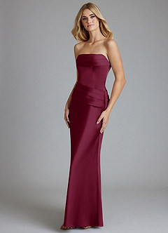 Azazie Lenya Bridesmaid Dresses Mulberry Sheath Pleated Stretch Satin Dress image4
