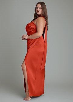 Azazie Calandra Robes de demoiselle d'honneur Robe Fourreau en Satin extensible Plissé Rouille image11