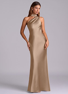 Azazie Seona Robes de demoiselle d'honneur Robe Sirène en Satin extensible Une épaule Taupe image7