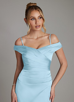 Azazie Teyana Bridesmaid Dresses Sky Blue Sheath Off the Shoulder Stretch Satin Dress image3