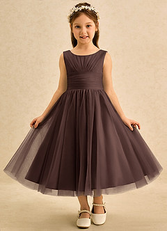 Azazie Macaron Robe Demoiselle D'honneur Fillette Robe Trapèze en Tulle Plissée Ganache image3