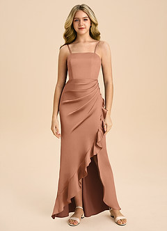 Azazie Buzzy Junior Bronzer Sheath Pleated Stretch Satin Dress image3