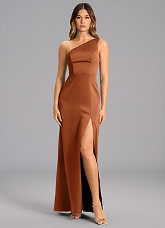 Azazie Phaedra Bridesmaid Dresses Copper A-Line One Shoulder Stretch Satin Dress image1