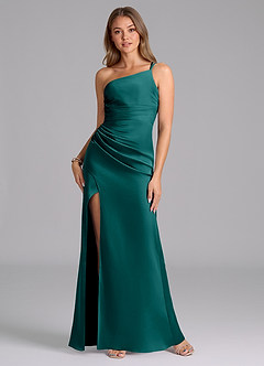 Azazie Eren Bridesmaid Dresses Peacock Mermaid One Shoulder Stretch Satin Dress image1