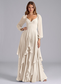 Azazie Karan Bridesmaid Dresses White Alabaster A-Line Long Sleeve Chiffon Dress image3