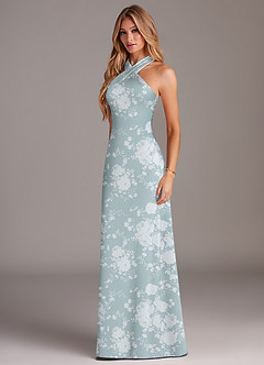 Azazie Doretta Bridesmaid Dresses Powder Blue Floral Mermaid Pleated Stretch Satin Dress image5